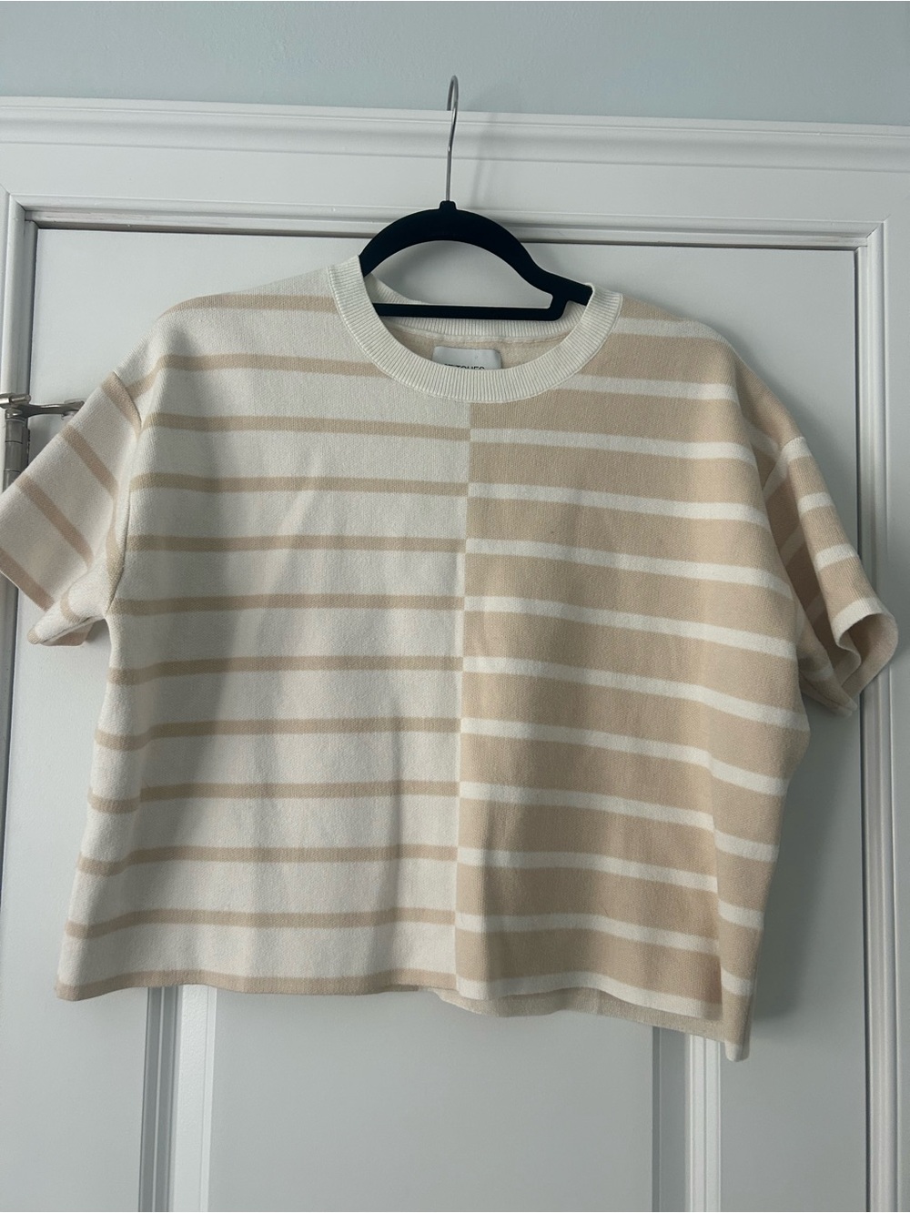 Stitches and Stripes Striped Short Sleeve Knit Top in Cream and Beige